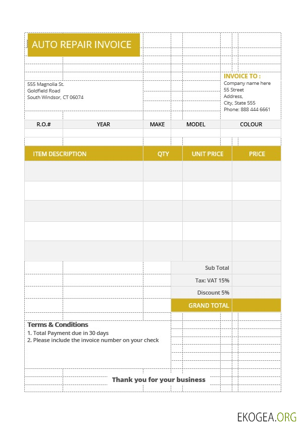Exemple de modèle de facture de réparation automobile